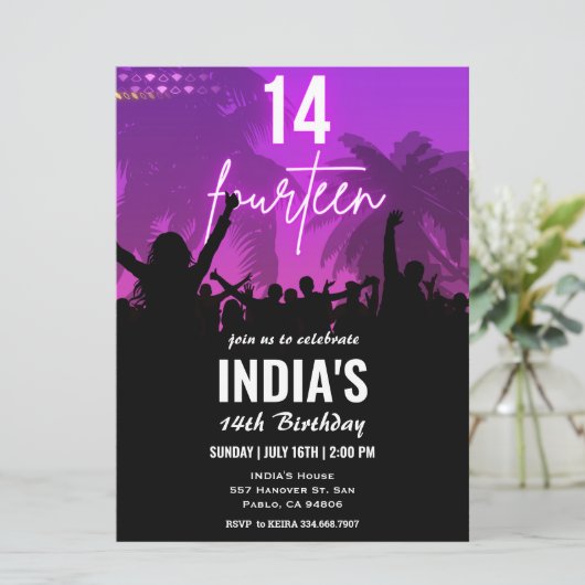 14e verjaardagsfeestje roze neon uitnodiging (Staand voorkant)