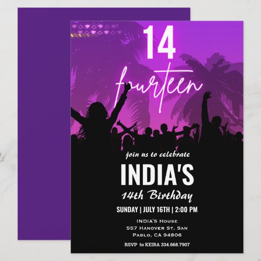 14e verjaardagsfeestje roze neon uitnodiging (Voorkant / Achterkant)