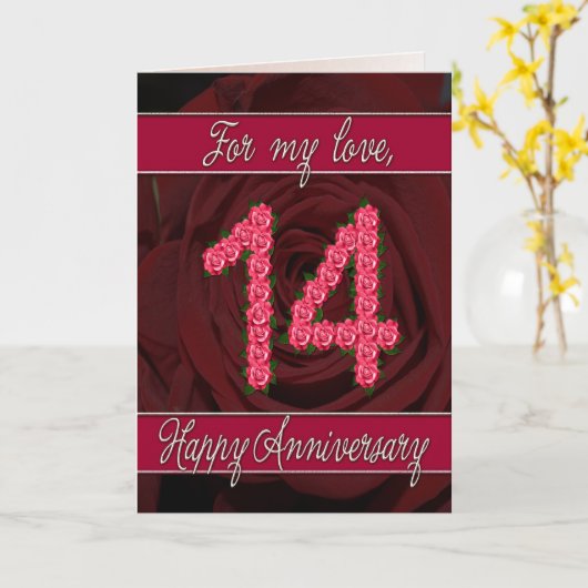 14e verjaardagskaart met rozen en bladeren kaart (Gele Bloem)