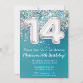 14e Verjaardagsuitnodiging Blauwgroen Zilveren Gli Kaart (Voorkant)