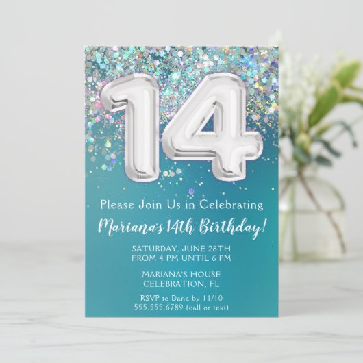 14e Verjaardagsuitnodiging Blauwgroen Zilveren Gli Kaart (Staand voorkant)