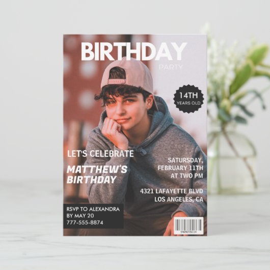 14e verjaardagsuitnodiging voor hem Magazine Hoesj Kaart (Staand voorkant)