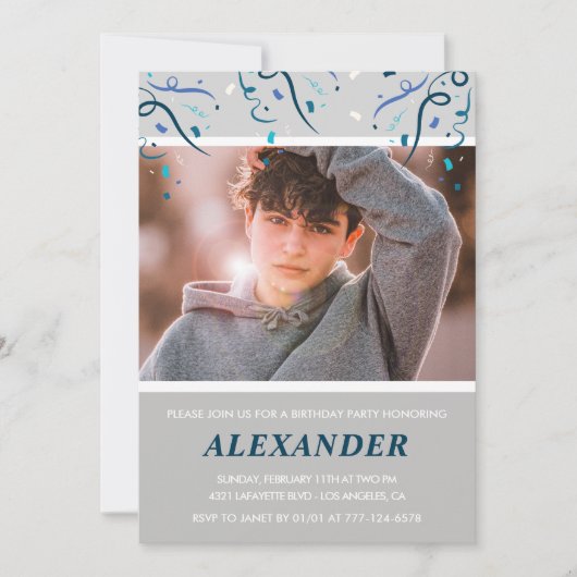 14e verjaardagsuitnodigingen Boy Confetti Photo Na Kaart (Voorkant)