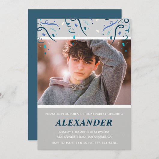 14e verjaardagsuitnodigingen Boy Confetti Photo Na Kaart (Voorkant / Achterkant)