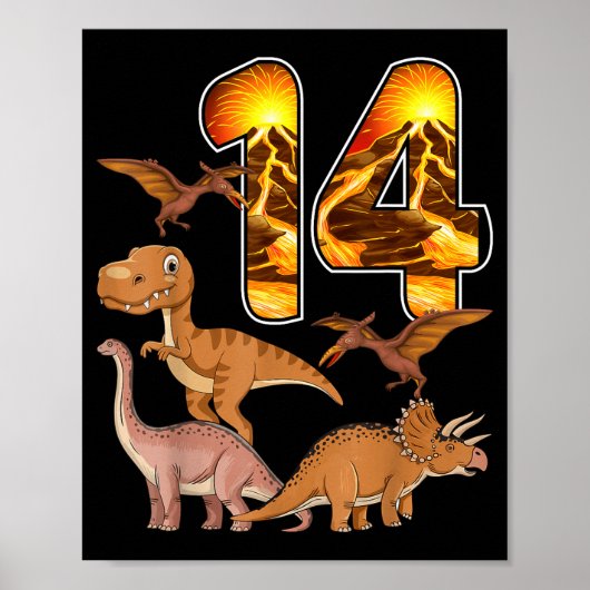 14th Birthday Dinosaur T-rex 14 Years Old Birthday Poster (Voorkant)