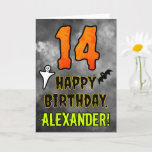 14th Birthday: Eerie Halloween Theme   Custom Name Kaart<br><div class="desc">The front of this scary and spooky Halloween themed birthday greeting card design features a large number “14” and the message “HAPPY BIRTHDAY, ”, plus a custom name. There are also depictions of a bat and a ghost on the front. The inside features a customized birthday greeting message, or could...</div>