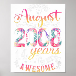 14th Birthday Flowers Gift for Girls Born in Augus Poster