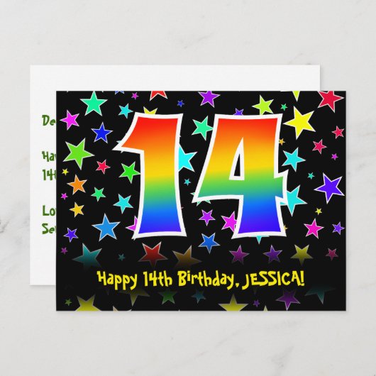 14th Birthday: Fun Stars Pattern, Rainbow 14, Naam Briefkaart (Voorkant / Achterkant)