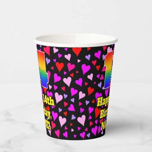 14th Birthday: Loving Hearts Pattern, Rainbow 14 Papieren Bekers (Links)