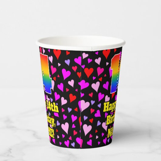 14th Birthday: Loving Hearts Pattern, Rainbow 14 Papieren Bekers (Rechts)