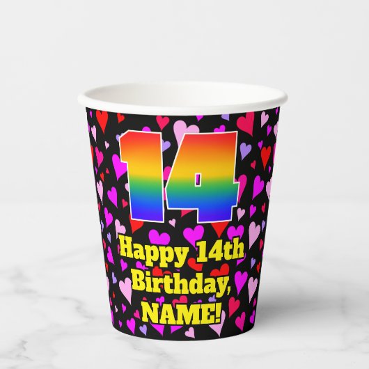 14th Birthday: Loving Hearts Pattern, Rainbow 14 Papieren Bekers (Voorkant)