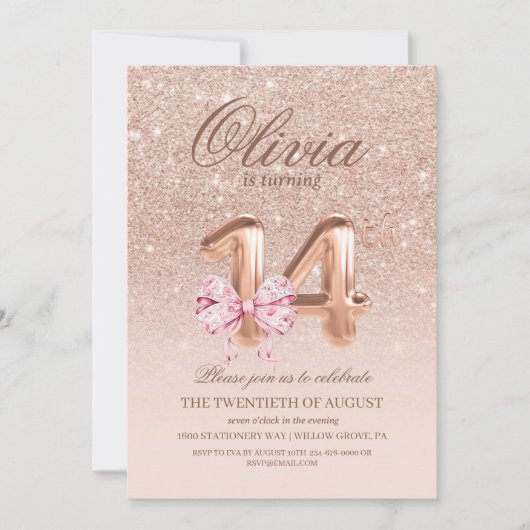 14th Birthday Rose Pink Gold Bow Birthday Party Kaart (Voorkant)