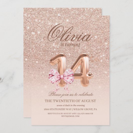 14th Birthday Rose Pink Gold Bow Birthday Party Kaart (Voorkant / Achterkant)
