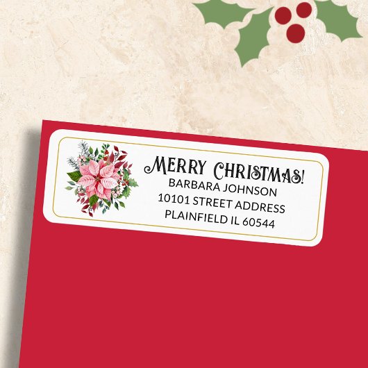 150 Pink Poinsettia Christmas Return Address Etiket