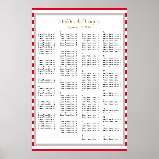 150 Rood/Witte Stripes Wedding Seating Chart Poster (Voorkant)