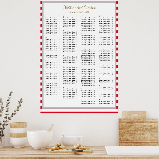 150 Rood/Witte Stripes Wedding Seating Chart Poster (Keuken)