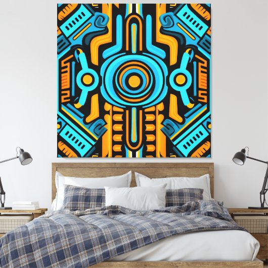 155 Blauw en oranje symmetrisch patroon Canvas Afdruk (Insitu (Slaapkamer))