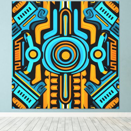 155 Blauw en oranje symmetrisch patroon Canvas Afdruk (Insitu (Houten vloer))