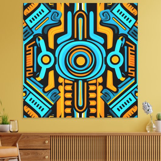 155 Blauw en oranje symmetrisch patroon Canvas Afdruk (Insitu (Woonkamer))