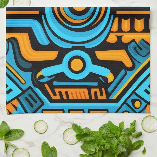 155 Blauw en oranje symmetrisch patroon Theedoek (Gevouwen)