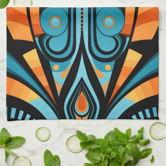 155 blauw en sinaasappel patroon eenvoudige vormen theedoek (Gevouwen)