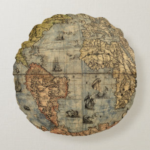 1565 Forlani Antieke Wereldkaart Vintage Cartograf Rond Kussen