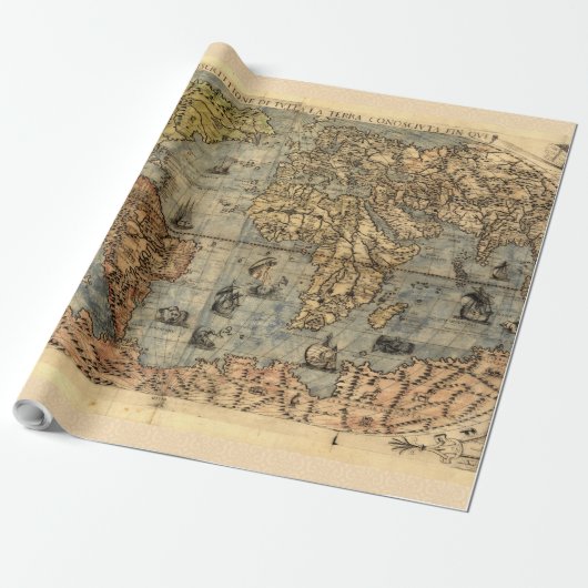 1565 Forlani AntiquevWereldkaart Renaissance Cadeaupapier (Uitgerold)