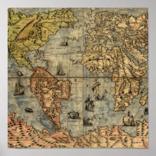 1565 Forlani AntiquevWereldkaart Renaissance Poster