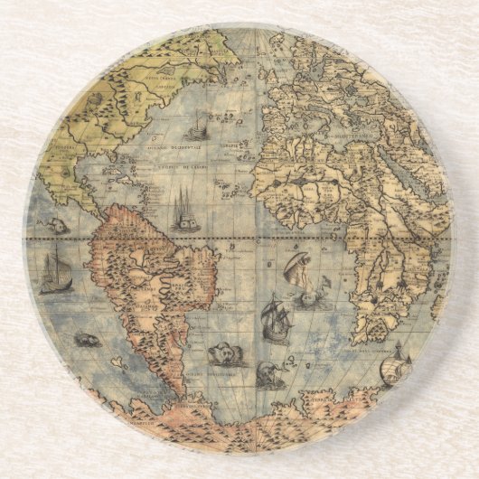 1565 Forlani AntiquevWereldkaart Renaissance Zandsteen Onderzetter (Voorkant)