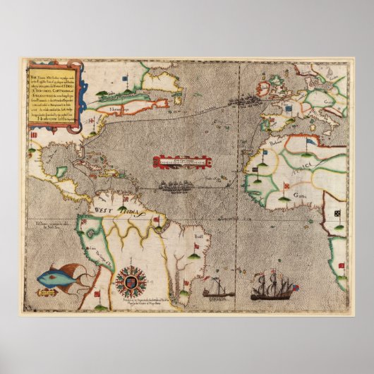 1589 Map Sir Francis Drake's West Indies Voyage Poster (Voorkant)