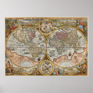 1594 Orbis Terrarum Typus Dubbele Halfrond Wereldk Poster