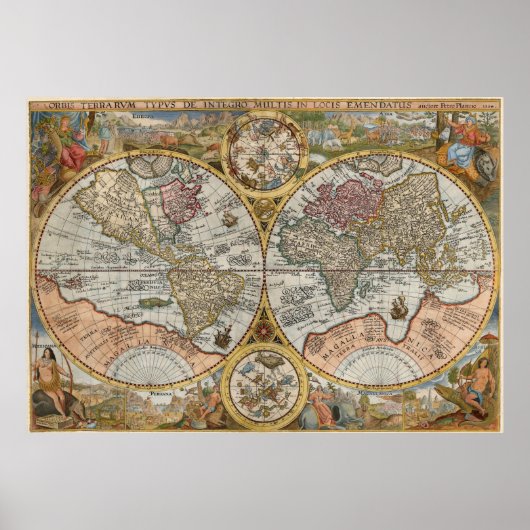 1594 Orbis Terrarum Typus Dubbele Halfrond Wereldk Poster (Voorkant)