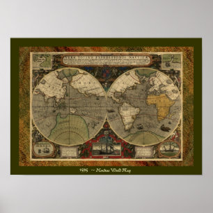 "1595 Wereldkaart van Hondius" Historic Map Poster