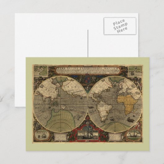 1595  Wereldkaart van Jodocus Hondius Briefkaart (Voorkant / Achterkant)