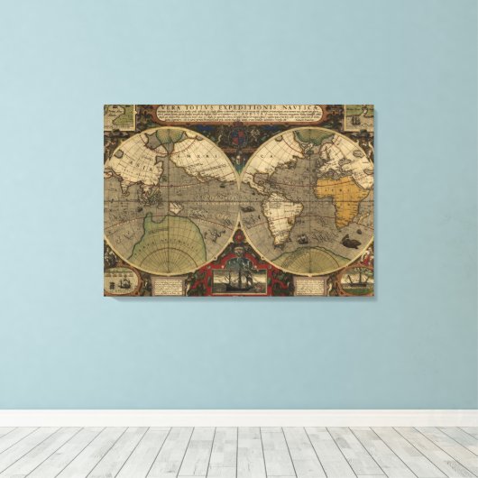 1595  Wereldkaart van Jodocus Hondius Canvas Afdruk (Insitu (Houten vloer))