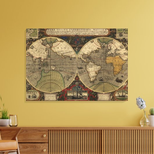 1595  Wereldkaart van Jodocus Hondius Canvas Afdruk (Insitu (Woonkamer))