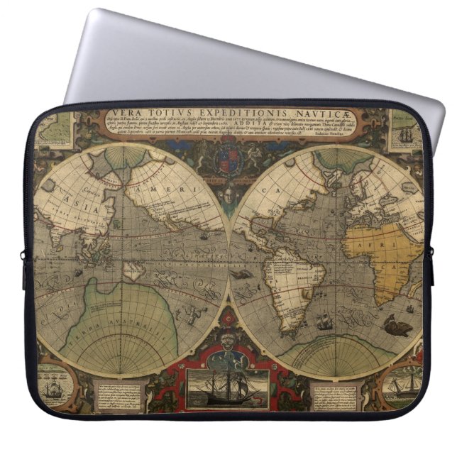 1595  Wereldkaart van Jodocus Hondius Laptop Sleeve (Voorkant)