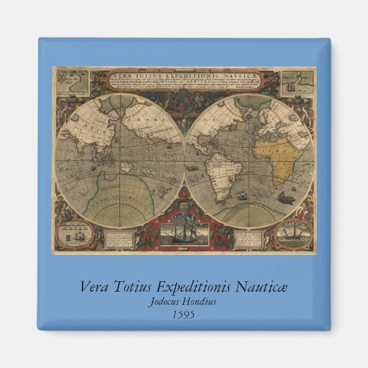 1595  Wereldkaart van Jodocus Hondius Magneet (Voorkant)
