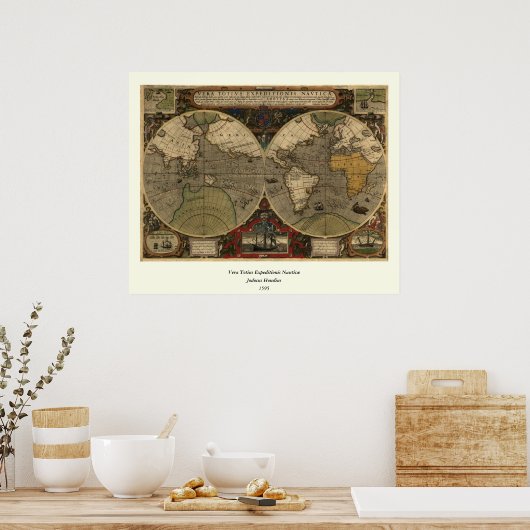 1595  Wereldkaart van Jodocus Hondius Poster (Keuken)