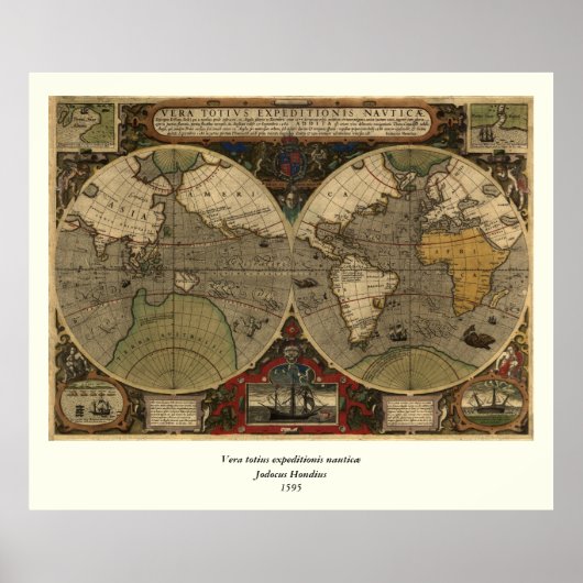 1595 Wereldkaart van Jodocus Hondius Poster (Voorkant)