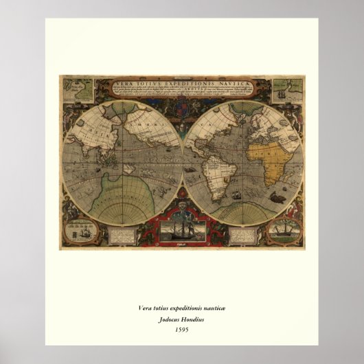1595 Wereldkaart van Jodocus Hondius Poster (Voorkant)