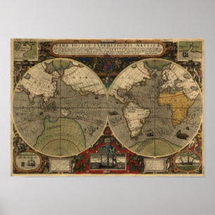 1595  Wereldkaart van Jodocus Hondius Poster