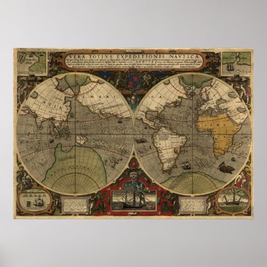 1595 Wereldkaart van Jodocus Hondius Poster (Voorkant)