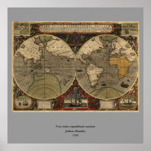 1595 Wereldkaart van Jodocus Hondius Poster (Voorkant)