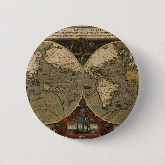 1595  Wereldkaart van Jodocus Hondius Ronde Button 5,7 Cm (Voorkant)
