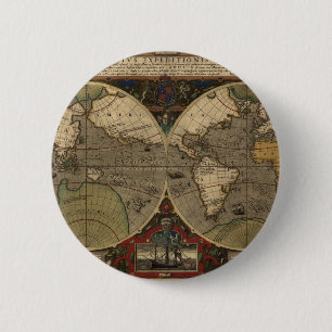 1595  Wereldkaart van Jodocus Hondius Ronde Button 5,7 Cm