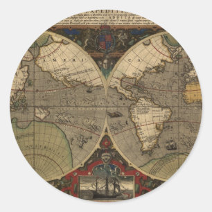 1595 Wereldkaart van Jodocus Hondius Ronde Sticker