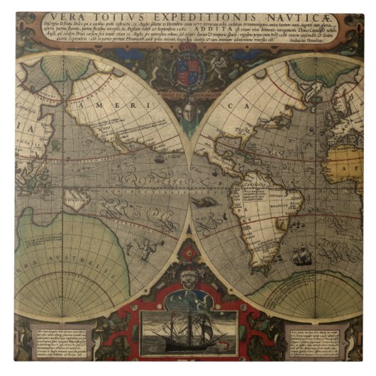 1595  Wereldkaart van Jodocus Hondius Tegeltje (Voorkant)