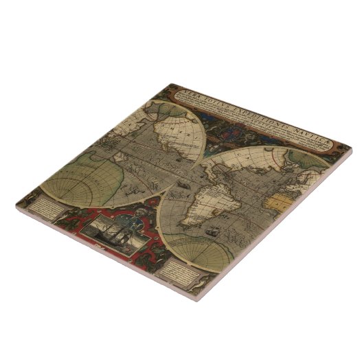 1595  Wereldkaart van Jodocus Hondius Tegeltje (Zijkant)