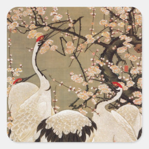 15. 梅 群 図, 若 冲 Plum Blossom & Cranes, Jakuchüu Vierkante Sticker